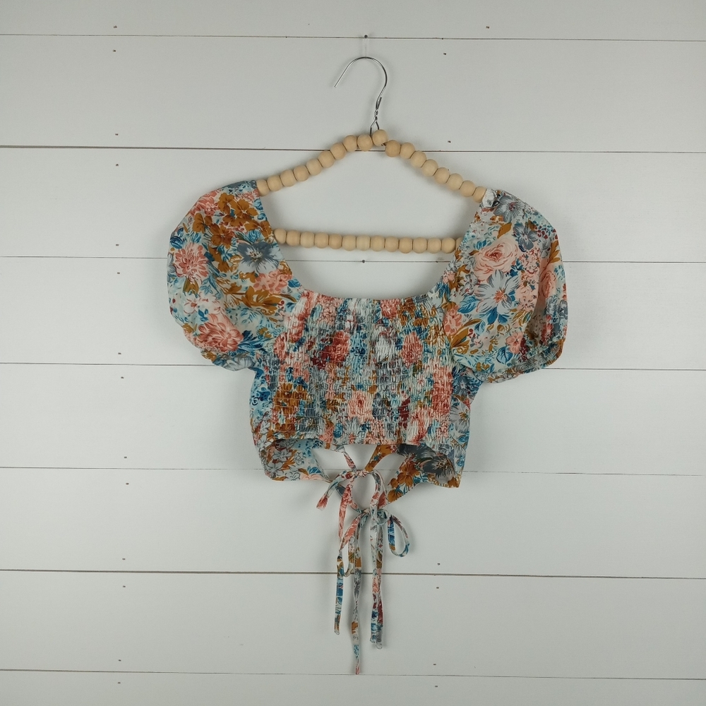 SHEIN womens size M bright floral smocked cropped blouse rounded neckline